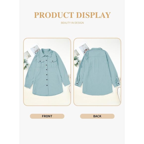 Womens Sky Blue Plus Size Plaid Shacket Long Sleeve Button Down Casual Jacket - Picture 3 of 4